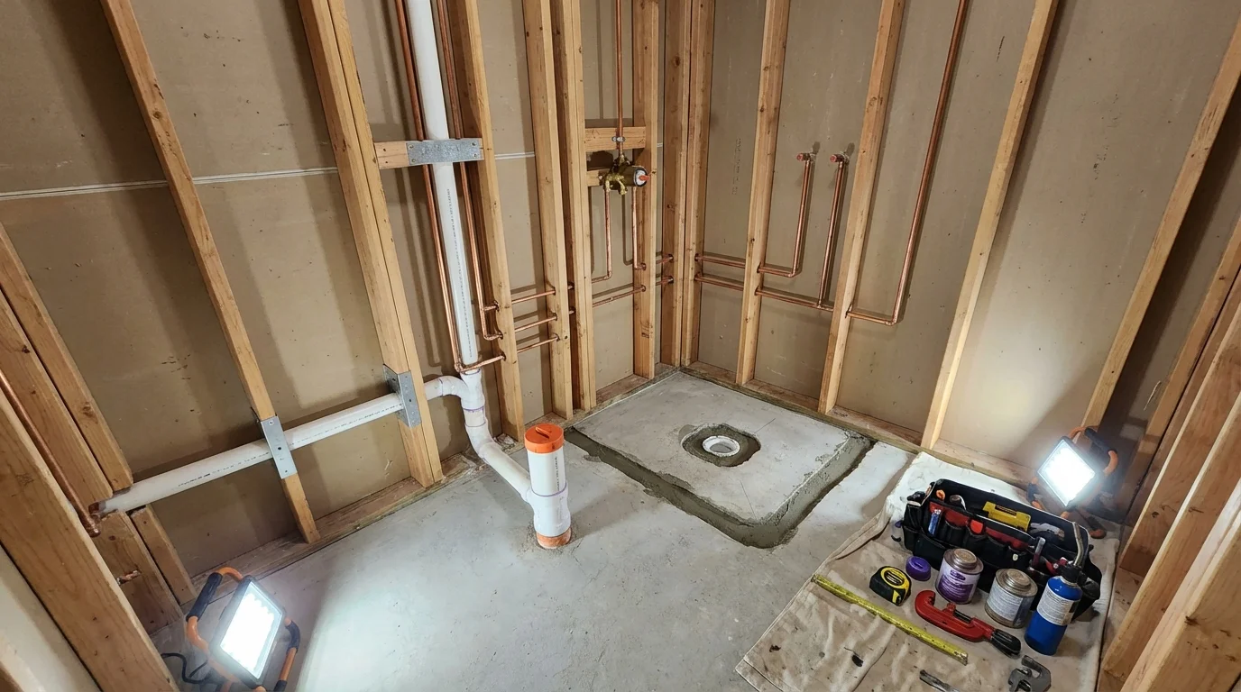 Bathroom rough-in plumbing during remodel by Johns Plumbing LLC in Crownpoint