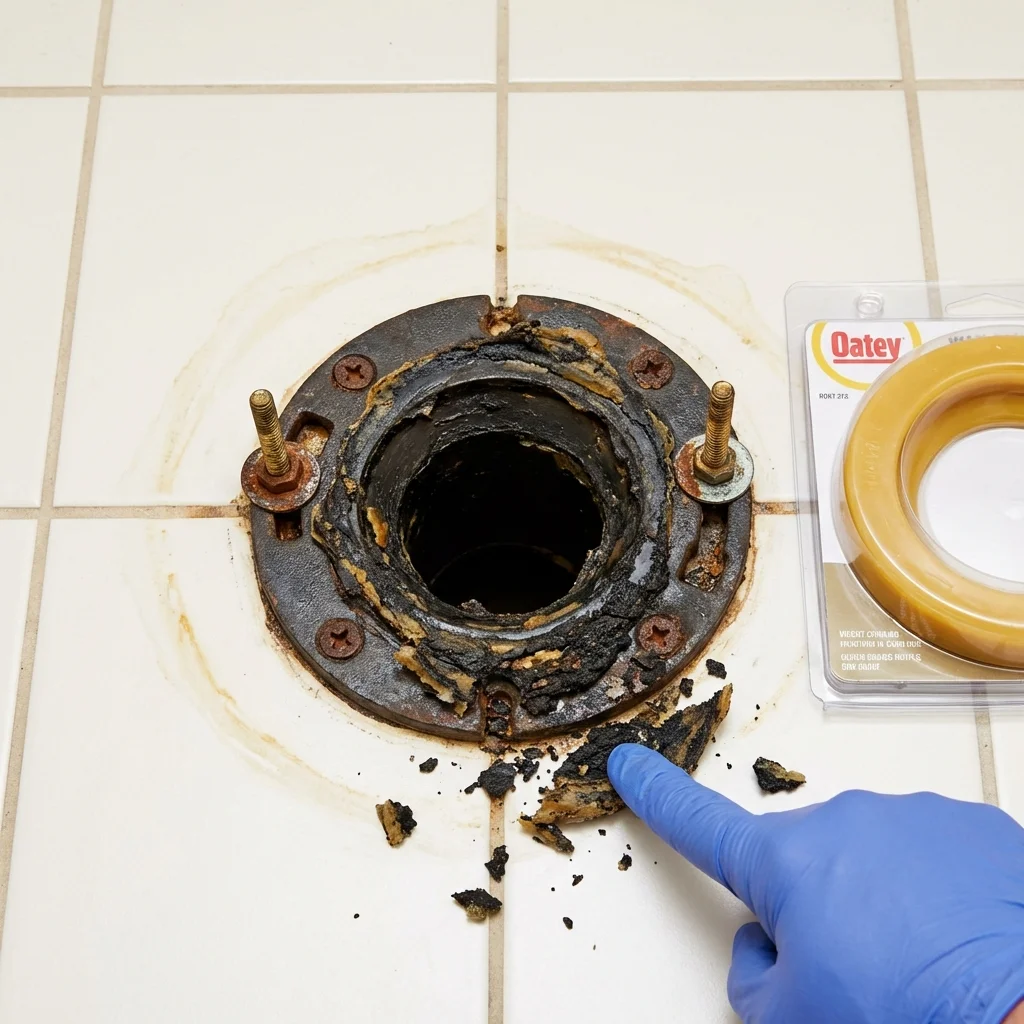 Failed wax ring showing water seepage at the base of a toilet in a Crownpoint, NM home