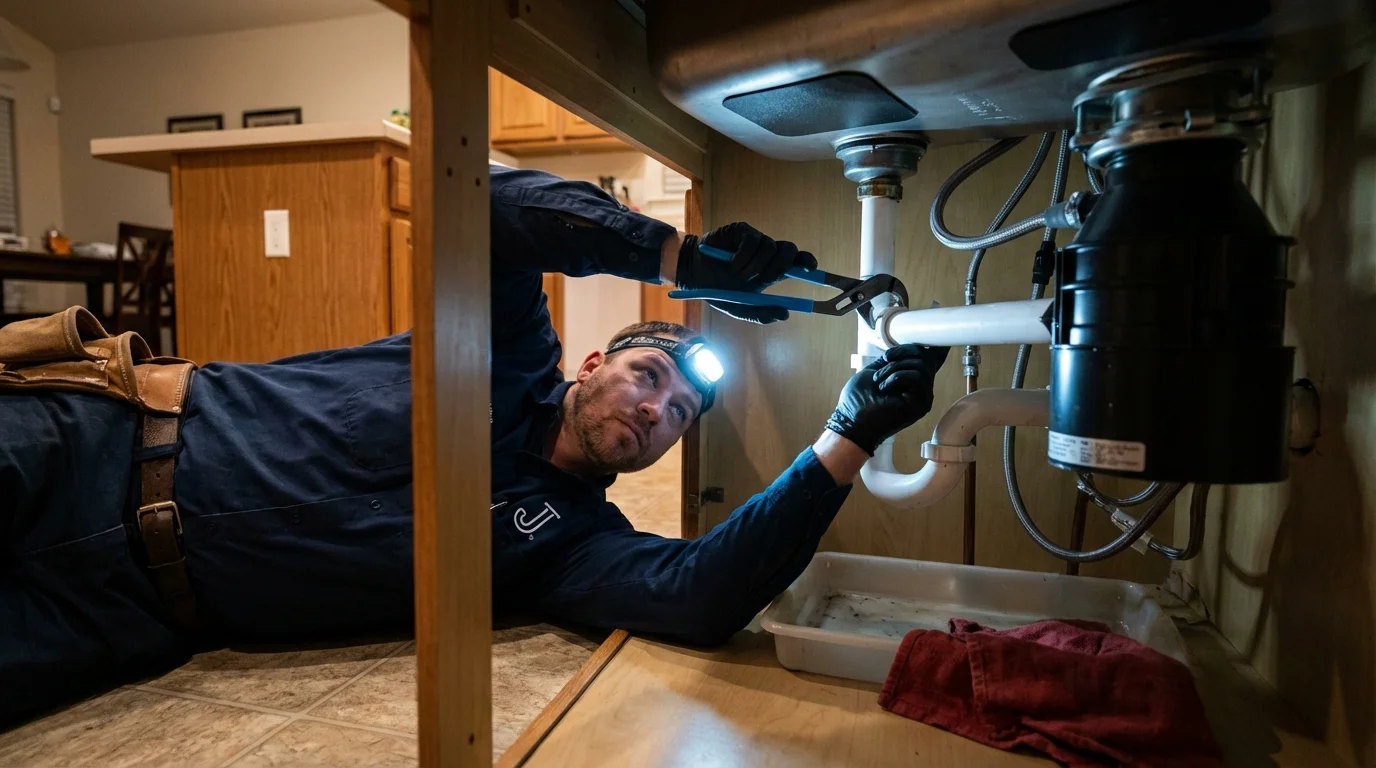 P-trap and supply line connections under a kitchen sink showing a common leak point in Crownpoint, NM